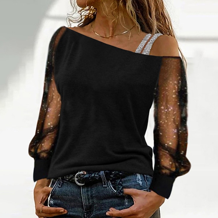Mulheres Camiseta Preto Vinho Azul Tecido Com Transparência Patchwork Manga Longa Para Noite Final de semana Um Ombro Sensual Estilo Praia Assimétrico Padrão S de 2025 por $21.99 –P1