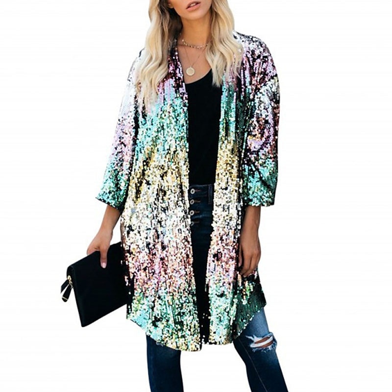 Women's Casual Jacket Outdoor Street Daily Spring Summer Long Coat V Neck Regular Fit Breathable Streetwear Casual Jacket 3/4 Length Sleeve Color Gradient Sequins Embroidered Green 2024 - $58.99 –P5