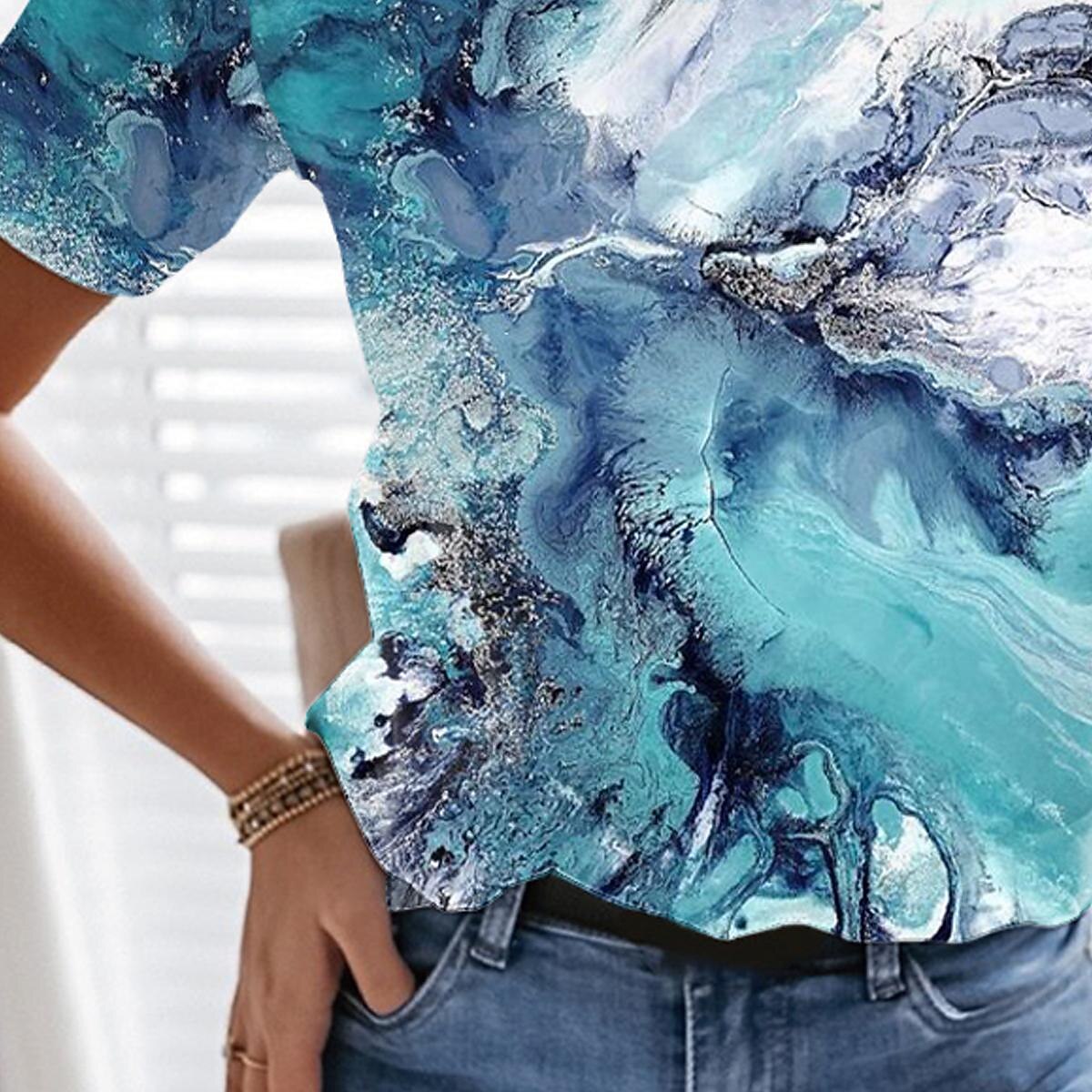 camiseta feminina vintage básica geométrica abstrata estampa manga curta regular tops gola redonda diário fim de semana verde verão de 2025 por $19.99 –P4