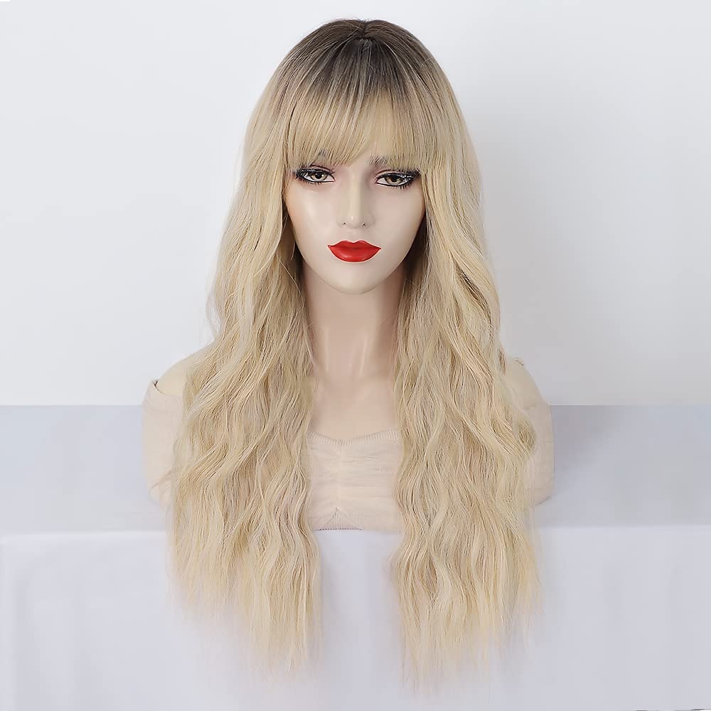 syntetisk parykk bølgete med pannelugg parykk langt a9 syntetisk hår kvinners cosplay party mote blond rosa lilla julefest parykker 2025 - $29.99 –P2