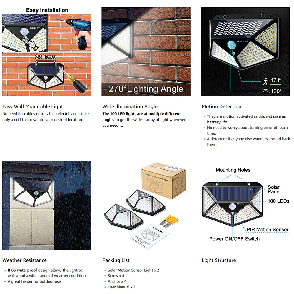 Buitenzonnewandlamp met bewegingssensor, 100 leds, 3 standen, 270° lichthoek, IP67 waterdicht voor garage, schutting, terras en binnenplaats 2/4st. 2025 - $19.49 –P8