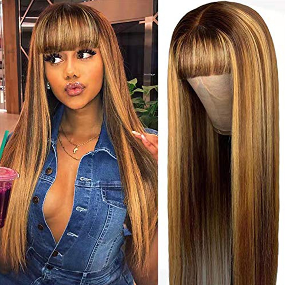 brown mixed honey blonde long straight natural wig with bangs highlights  color for black women synthetic straight hair wig with bangs bangs ( hair)  8740000 2023 – $