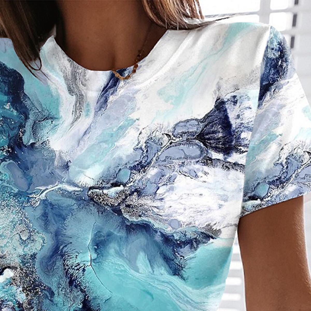 camiseta feminina vintage básica geométrica abstrata estampa manga curta regular tops gola redonda diário fim de semana verde verão de 2025 por $19.99 –P3