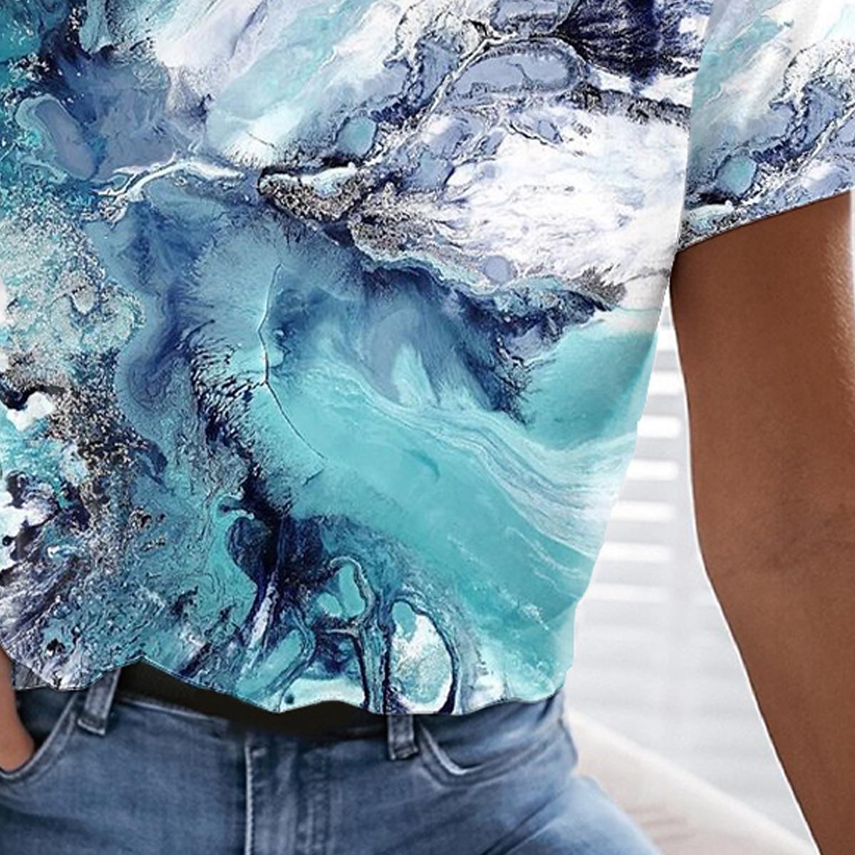 camiseta feminina vintage básica geométrica abstrata estampa manga curta regular tops gola redonda diário fim de semana verde verão de 2025 por $19.99 –P5