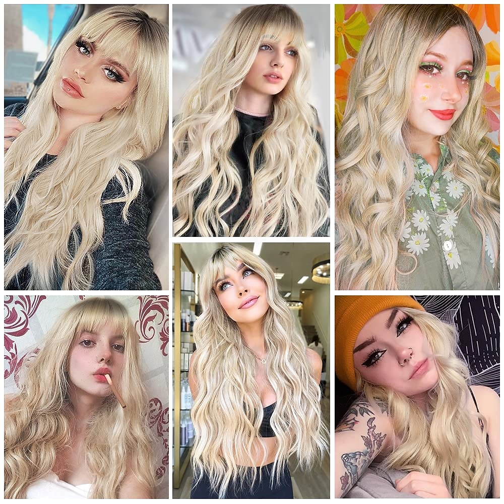 syntetisk parykk bølgete med pannelugg parykk langt a9 syntetisk hår kvinners cosplay party mote blond rosa lilla julefest parykker 2025 - $29.99 –P4