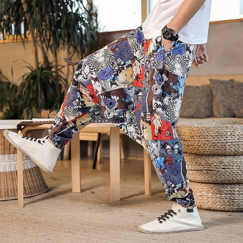 Herr Harem Joggingbyxor Långbyxor Sommarbyxor Opressade byxor Elastisk midja Släpp grenen Fjäril Abstrakt Blomma Andningsfunktion Mjuk Fullängd Ledigt Dagligen Bomull och linne Etnisk Stil Kineseri 2025 - $30.99 –P6