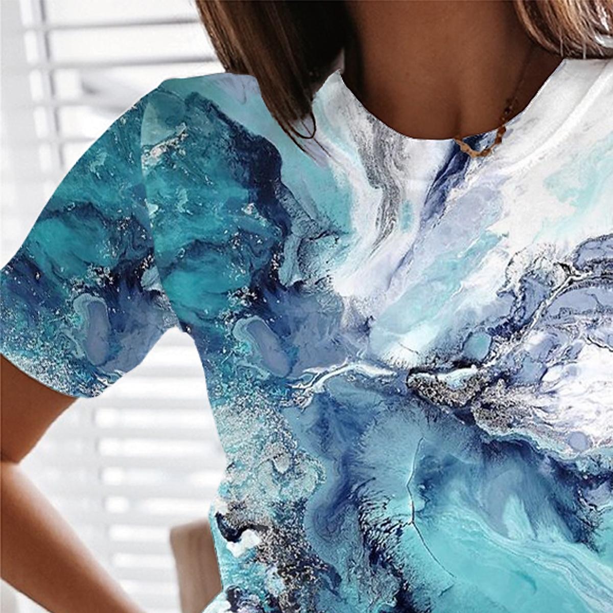camiseta feminina vintage básica geométrica abstrata estampa manga curta regular tops gola redonda diário fim de semana verde verão de 2025 por $19.99 –P2