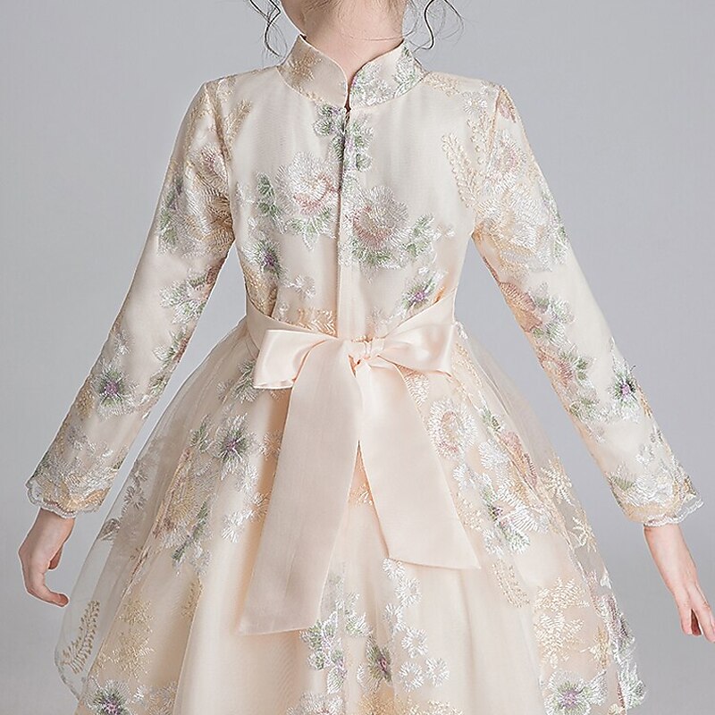 kinderkleidung Mädchen Kleid Blumen Langarm Leistung Täglich Festtage Schleife Kuschelig Süß Polyester Übers Knie Tüll-Kleid Rosa Beige 2025 - $43.99 –P3