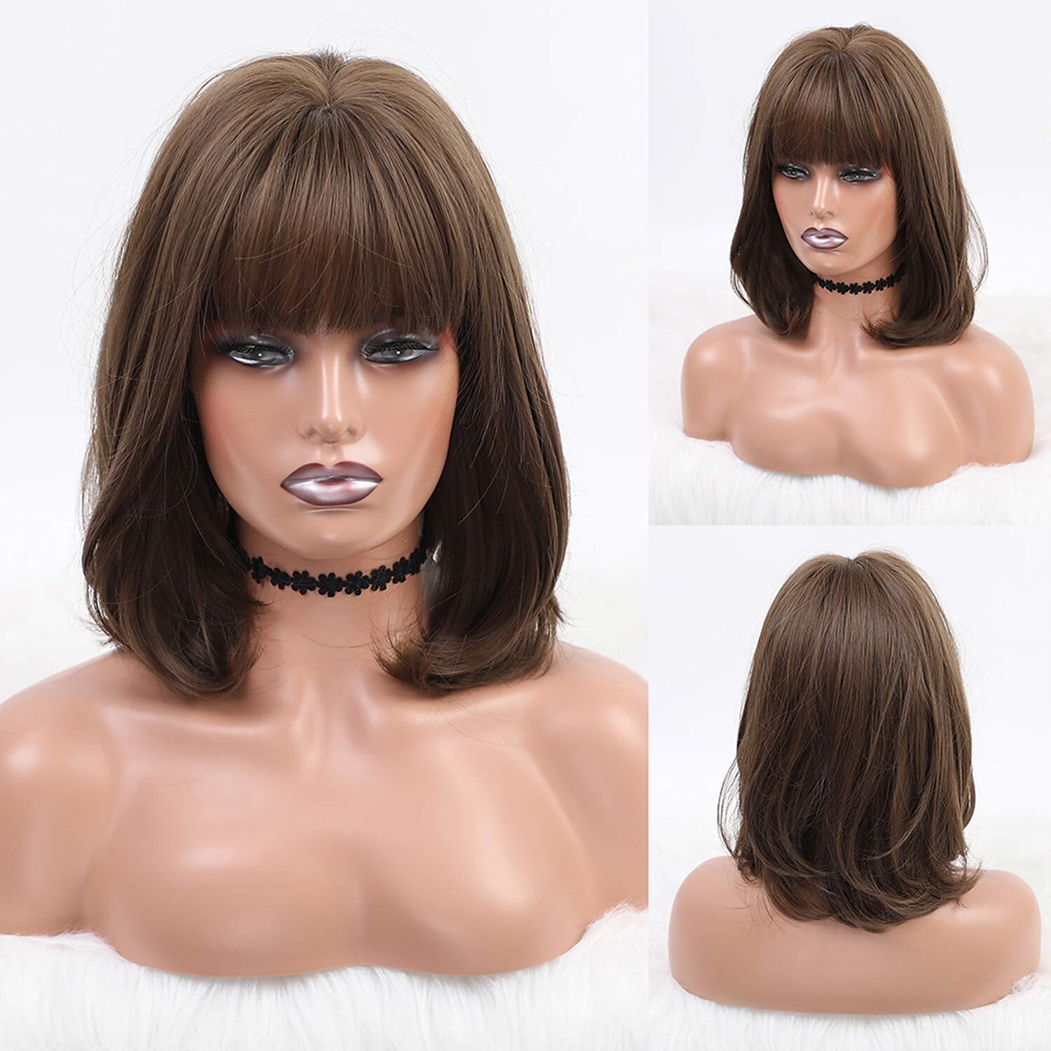 bruine bob pruik met pony synthetische pruiken voor vrouwen halflange rechte pruiken natuurlijk ogende pruiken 12inch 2025 - $23.99 –P7