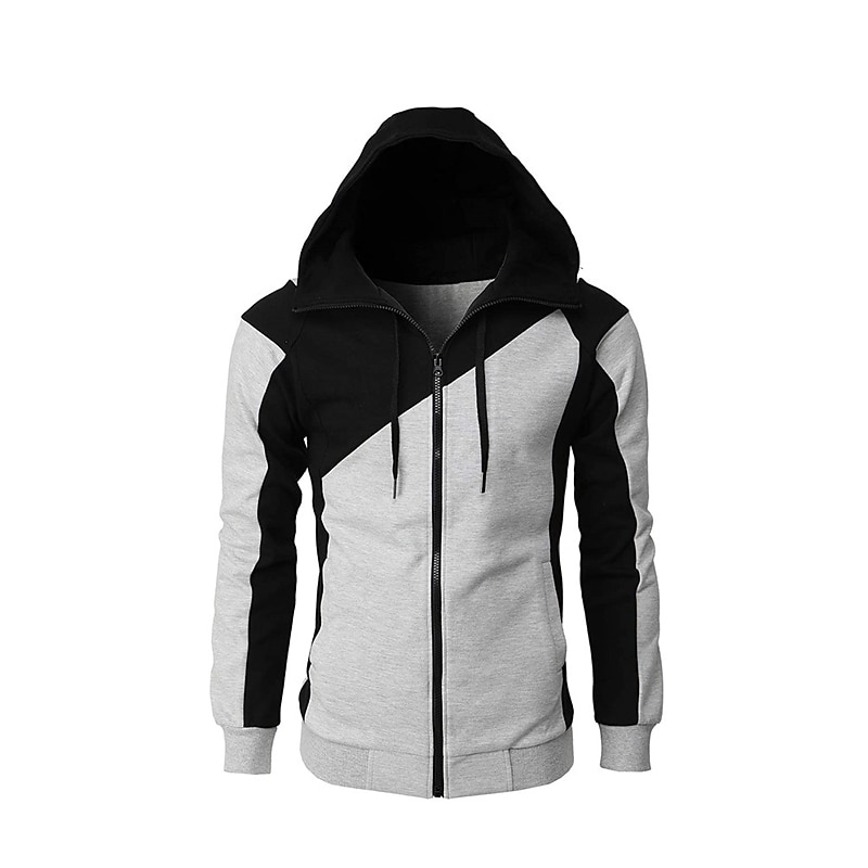 Men s Full Zip Hoodie Jacket Sweat Jacket Black White Wine Red Blue Hooded Graphic Color Block