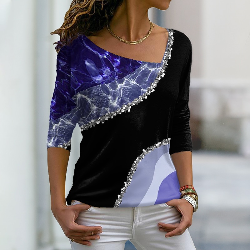 Mujer Camiseta Rosa Azul Piscina Morado Bloque de color Fruta Estampado Manga Larga Diario Fin de semana Básico Escote en Pico Regular Abstracto Pintura Talla Grande S 2025 - $27.99 –P2