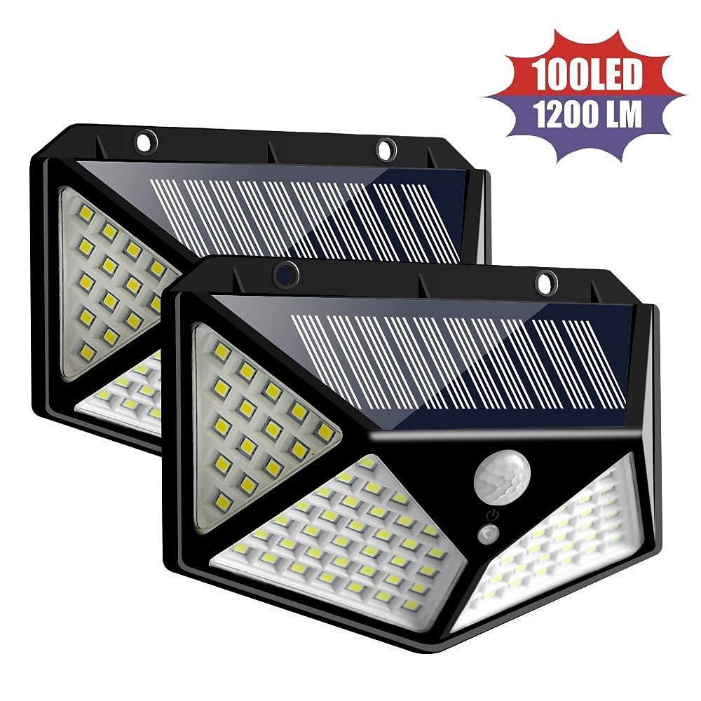 Buitenzonnewandlamp met bewegingssensor, 100 leds, 3 standen, 270° lichthoek, IP67 waterdicht voor garage, schutting, terras en binnenplaats 2/4st. 2025 - $19.49 –P13