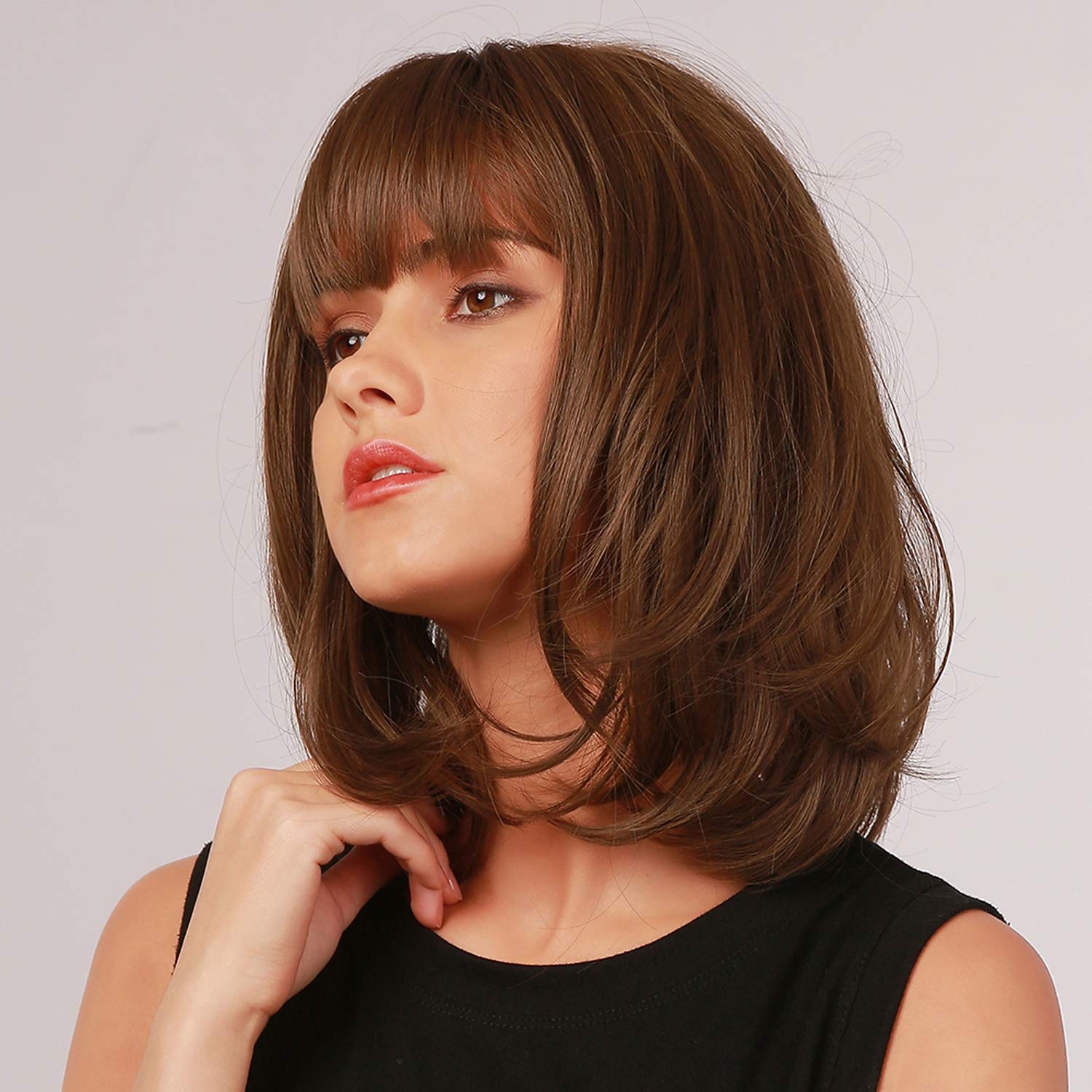 bruine bob pruik met pony synthetische pruiken voor vrouwen halflange rechte pruiken natuurlijk ogende pruiken 12inch 2025 - $23.99 –P3