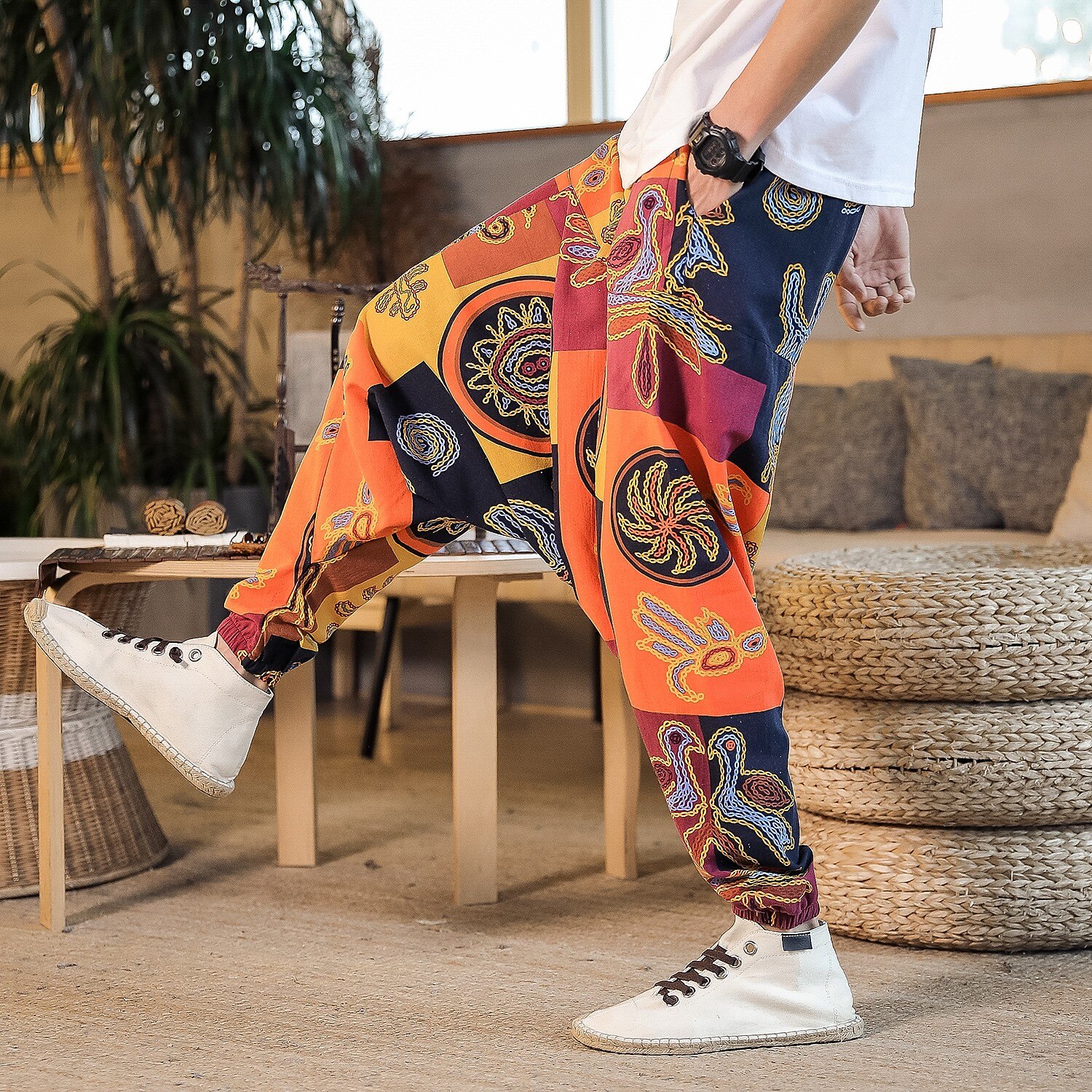 Herr Harem Joggingbyxor Långbyxor Sommarbyxor Opressade byxor Elastisk midja Släpp grenen Fjäril Abstrakt Blomma Andningsfunktion Mjuk Fullängd Ledigt Dagligen Bomull och linne Etnisk Stil Kineseri 2025 - $30.99 –P7