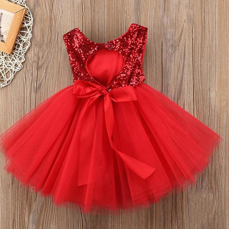 Kinder Kleinkind Mädchen Kleid Einfarbig Ärmellos Leistung Party Ferien Pailletten Basic Schön Süß Acryl Sommer Rosa Rote 2025 - $20.99 –P2