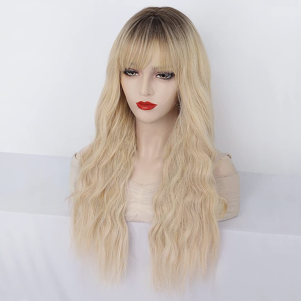 syntetisk parykk bølgete med pannelugg parykk langt a9 syntetisk hår kvinners cosplay party mote blond rosa lilla julefest parykker 2025 - $29.99 –P3
