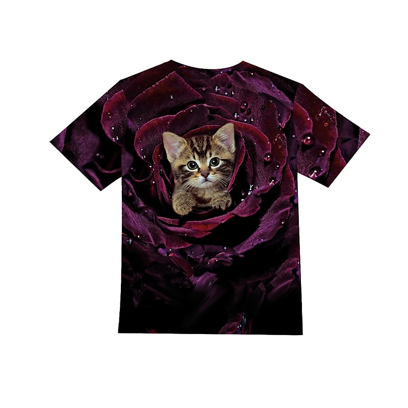 2025年 女の子 3D 動物 猫 Tシャツ 半袖 3Dプリント 夏 春 活発的 ファッション かわいいスタイル 子供 3〜12年 アウトドア 日常 屋内 レギュラー コレクション – $11.99 –P5