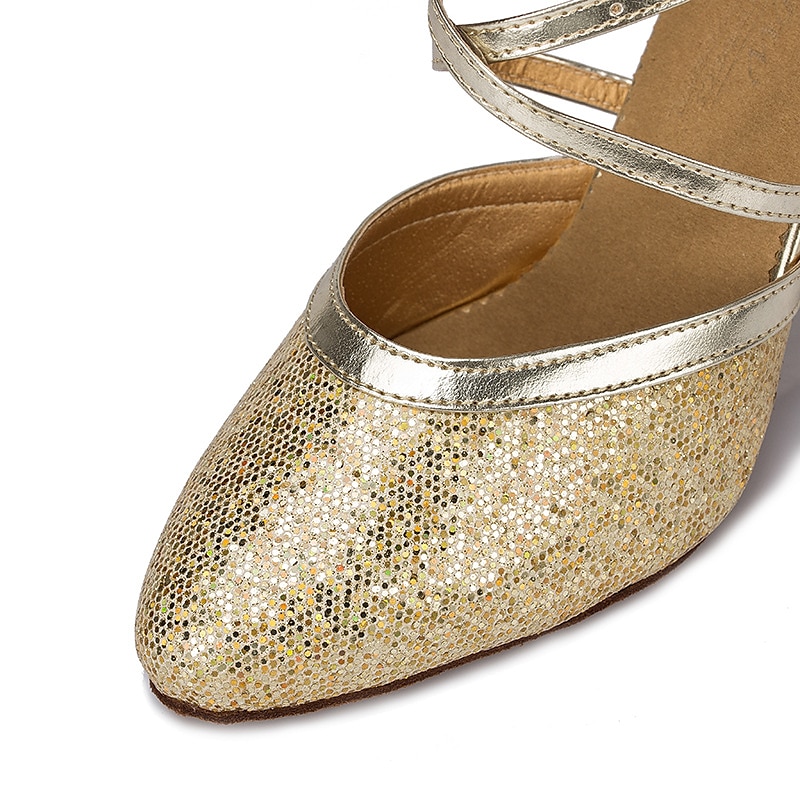 zilveren glitter dansschoenen met kruisband en gesp detail – comfortabele ballroom en latin dans hakken voor vrouwen 2025 - $54.99 –P1