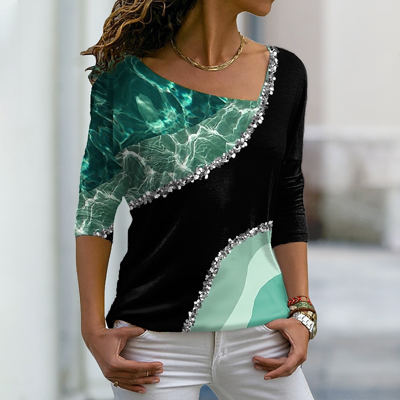 Mujer Camiseta Rosa Azul Piscina Morado Bloque de color Fruta Estampado Manga Larga Diario Fin de semana Básico Escote en Pico Regular Abstracto Pintura Talla Grande S 2025 - $27.99 –P3