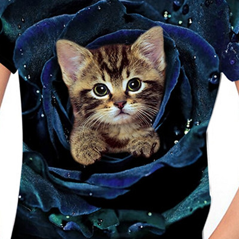 2025年 女の子 3D 動物 猫 Tシャツ 半袖 3Dプリント 夏 春 活発的 ファッション かわいいスタイル 子供 3〜12年 アウトドア 日常 屋内 レギュラー コレクション – $11.99 –P2