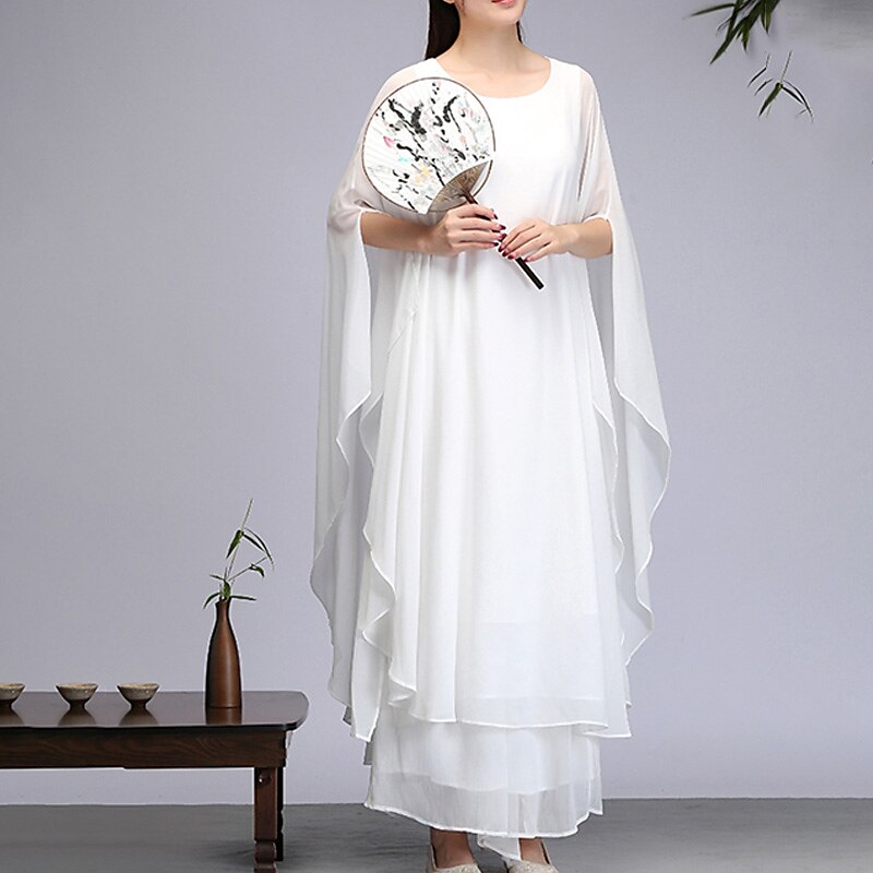 Women's A Line Dress Midi Dress White Red 3/4 Length Sleeve Pure 