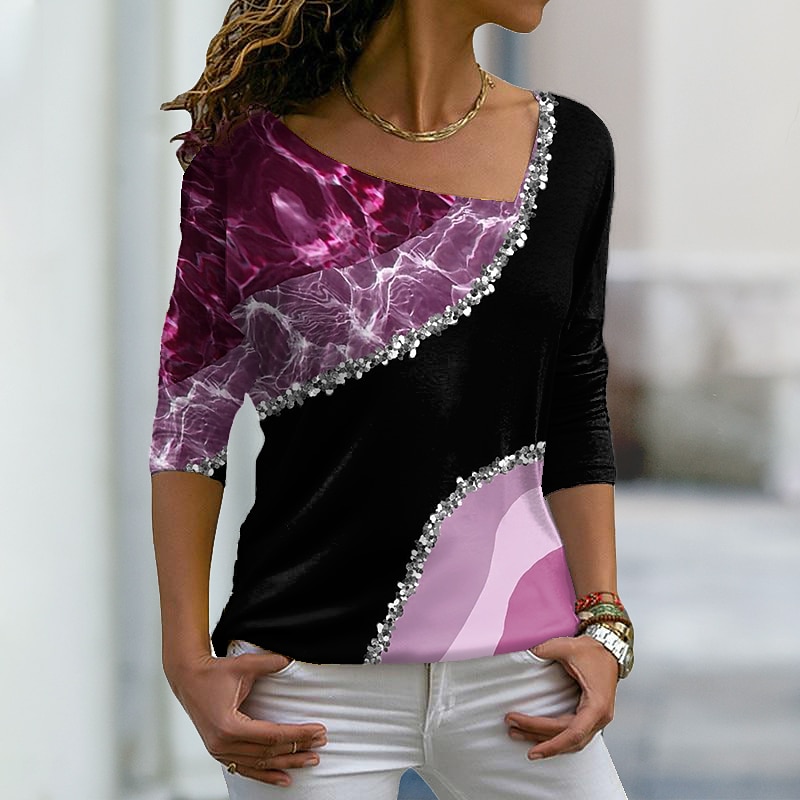 Mujer Camiseta Rosa Azul Piscina Morado Bloque de color Fruta Estampado Manga Larga Diario Fin de semana Básico Escote en Pico Regular Abstracto Pintura Talla Grande S 2025 - $27.99 –P4
