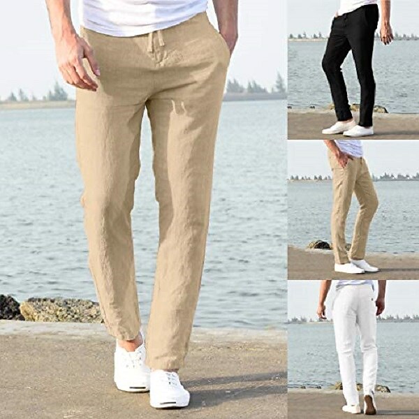 Men's Linen Pants - Lightweight Breathable Summer Beach Yoga Trousers With Drawstring Waist (Plus Size Available)