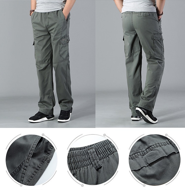 Men Cargo Pants Loose Elastic Waist Oversized Khakis Trousers Multi Pocket  Gray
