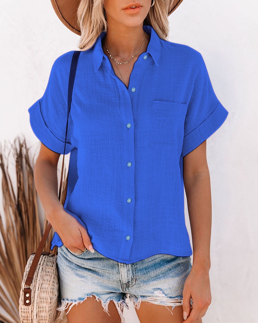 Mulheres Camisa Social Botão para cima Camisa de algodão e linho Blusa Tecido Diário Básico Casual Manga Curta Colarinho de Camisa Tops regulares Trabalho Casual Diário Patchwork Branco Rosa Vermelho de 2025 por $23.99 –P20