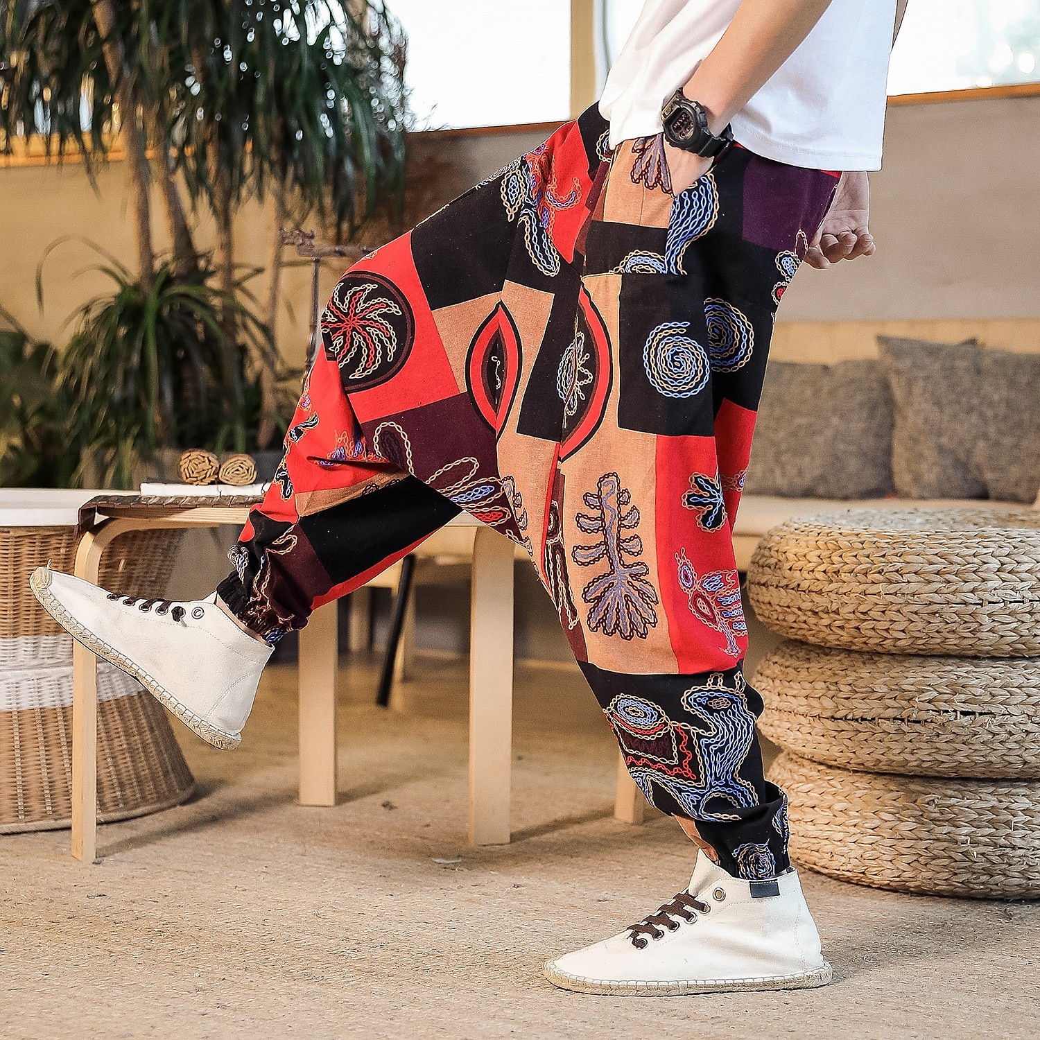 Herr Harem Joggingbyxor Långbyxor Sommarbyxor Opressade byxor Elastisk midja Släpp grenen Fjäril Abstrakt Blomma Andningsfunktion Mjuk Fullängd Ledigt Dagligen Bomull och linne Etnisk Stil Kineseri 2025 - $30.99 –P2
