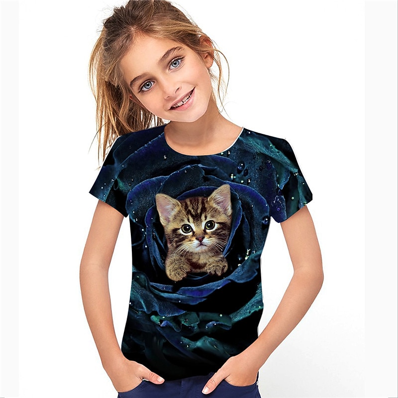 2025年 女の子 3D 動物 猫 Tシャツ 半袖 3Dプリント 夏 春 活発的 ファッション かわいいスタイル 子供 3〜12年 アウトドア 日常 屋内 レギュラー コレクション – $11.99 –P1
