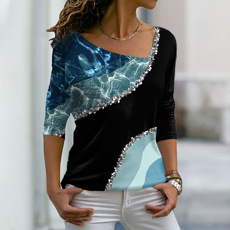 Mujer Camiseta Rosa Azul Piscina Morado Bloque de color Fruta Estampado Manga Larga Diario Fin de semana Básico Escote en Pico Regular Abstracto Pintura Talla Grande S 2025 - $27.99 –P1