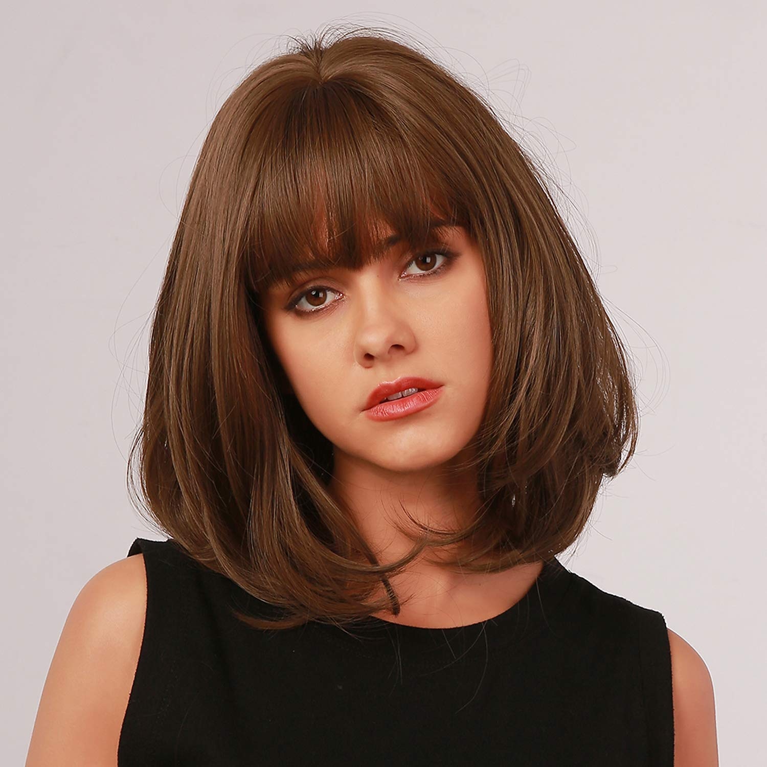 bruine bob pruik met pony synthetische pruiken voor vrouwen halflange rechte pruiken natuurlijk ogende pruiken 12inch 2025 - $23.99 –P5