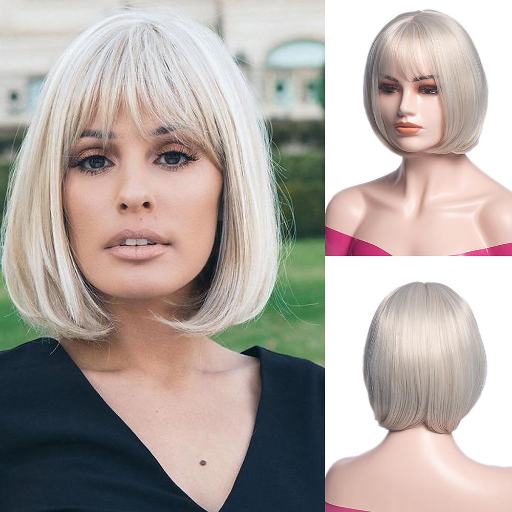 Graue Perücken für Frauen, synthetische Perücke, natürlicher gerader Bob mit Pony, Perücke, blond, hellgolden, rosa, blond, braun, weiß, 35,6 cm, für tägliche Party, Weihnachtsfeier-Perücken, 2025 - $15.99 –P1