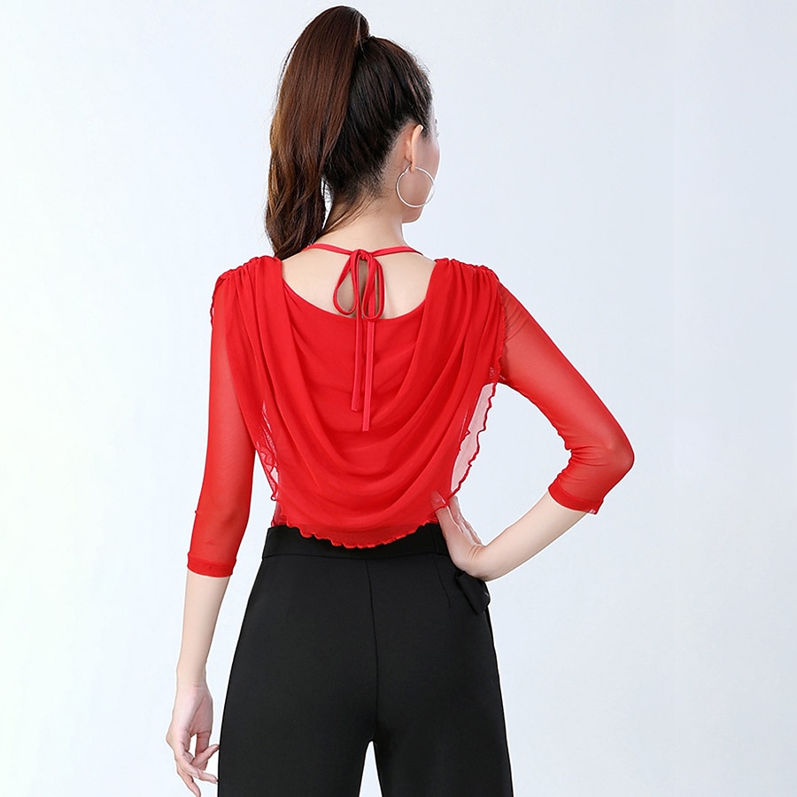 Taniec latynoamerykański Odzież sportowa Top Czysty Kolor Łączenie Damskie Szkolenie Spektakl Rękaw 3/4 Wysoki Mieszanka bawełny 2026 - $32.99 –P2