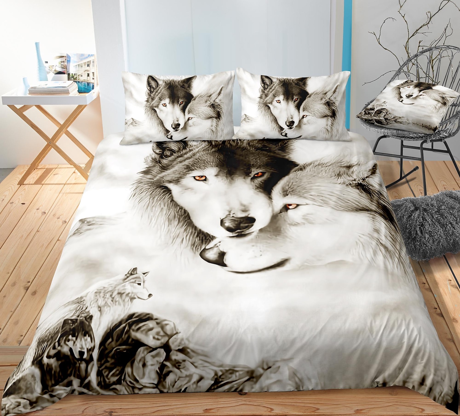 Ensembles de literie avec housse de couette à imprimé loup 3d Housse de couette avec 1 housse de couette ou couvre-lit ， 1 feuille ， 2 taies d'oreiller pour double / reine / roi (1 taie d'oreiller de 2025 ? $56.99 –P5