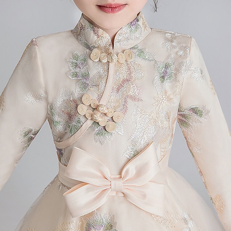 kinderkleidung Mädchen Kleid Blumen Langarm Leistung Täglich Festtage Schleife Kuschelig Süß Polyester Übers Knie Tüll-Kleid Rosa Beige 2025 - $43.99 –P1