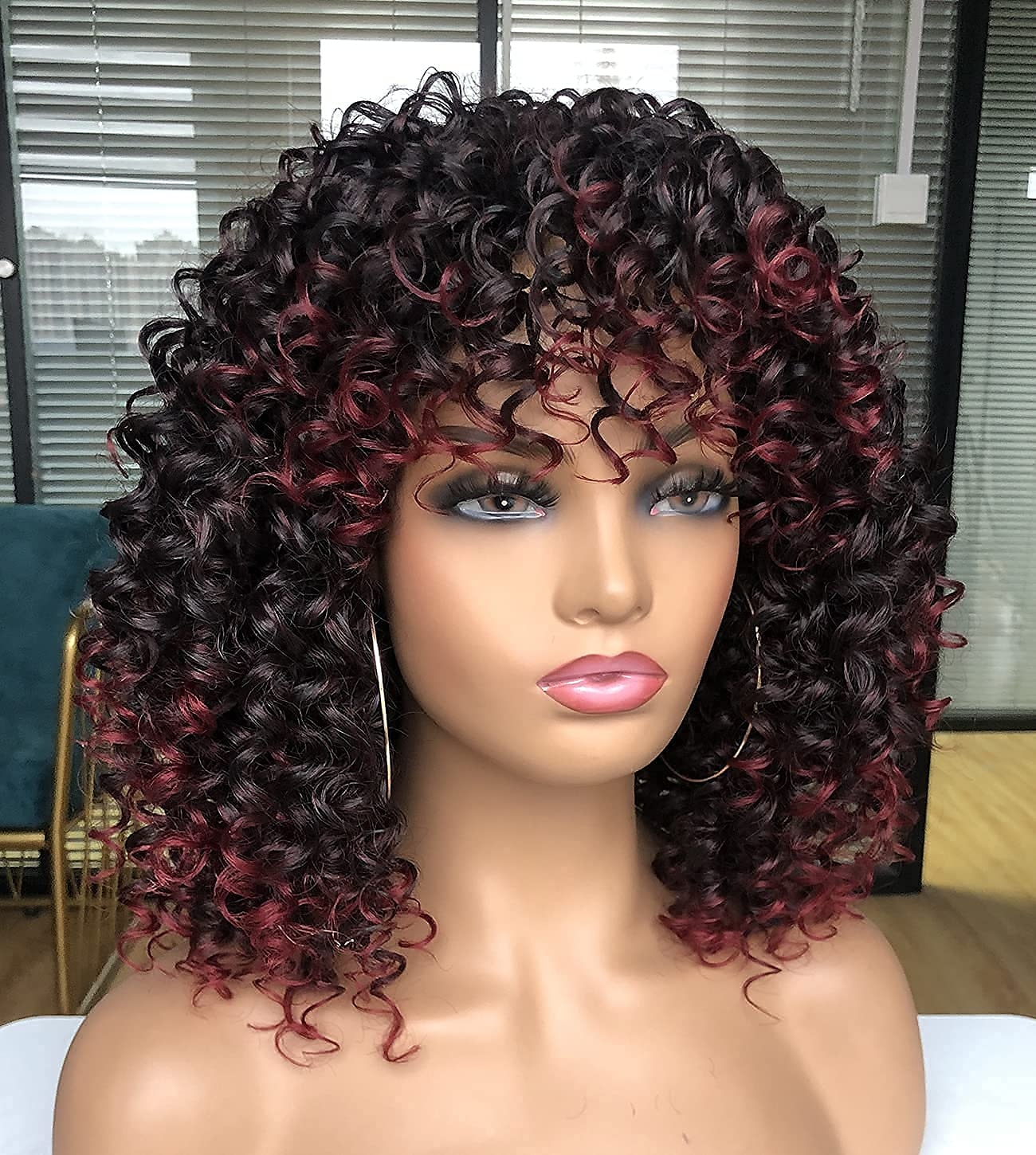 perucas pretas para mulheres mais bonitas perucas afro encaracoladas pretas com mechas castanhas quentes peruca com franja para mulheres negras naturais que procuram o dia a dia de 2025 por $28.99 –P5