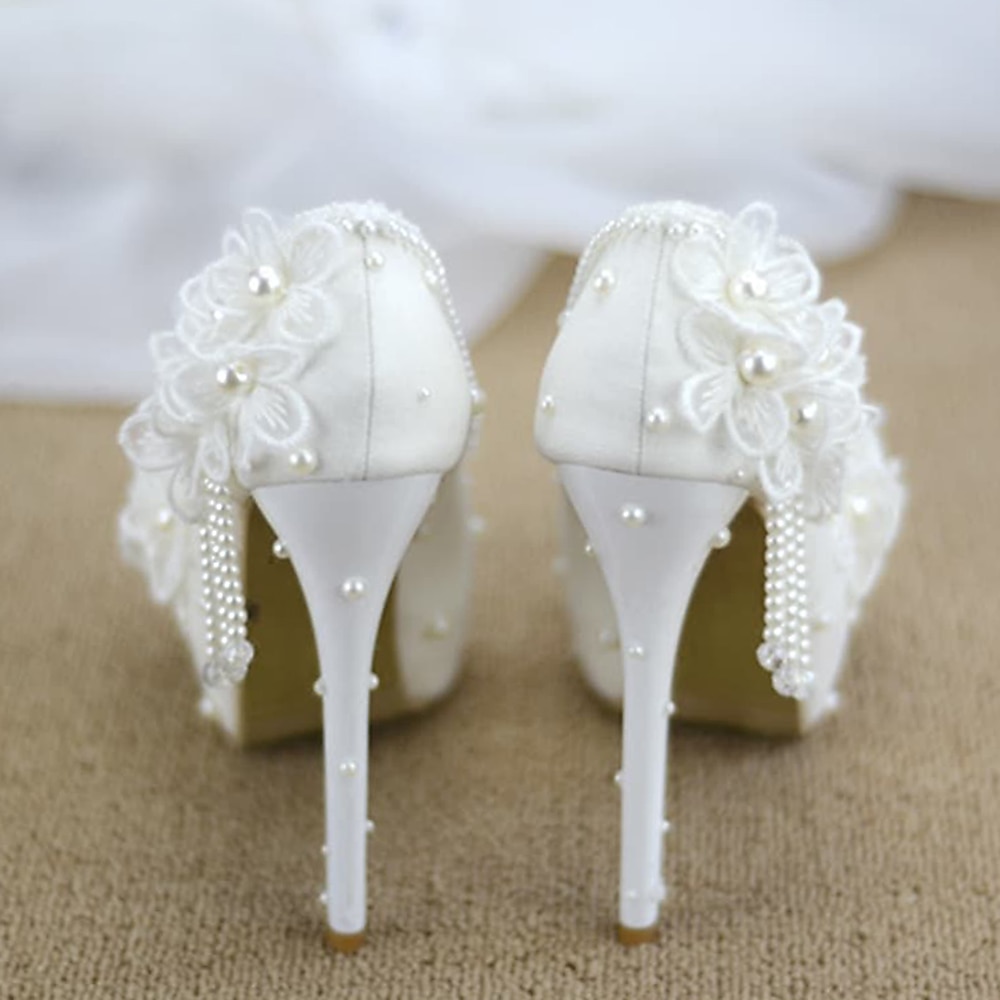 Latest Popular White Wedding Shoes Lace Fashion High Heels Pearl