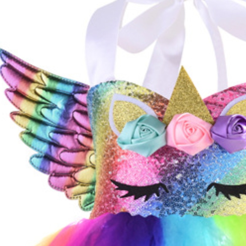 copii fete rochie tutu luminoasă cu unicorn cu led performanță de ziua de naștere plasă încrețită mozaic violet curcubeu albastru deschis bumbac deasupra genunchiului costum fără mâneci rochii drăguțe toamnă vară 2025 - $43.99 –P3