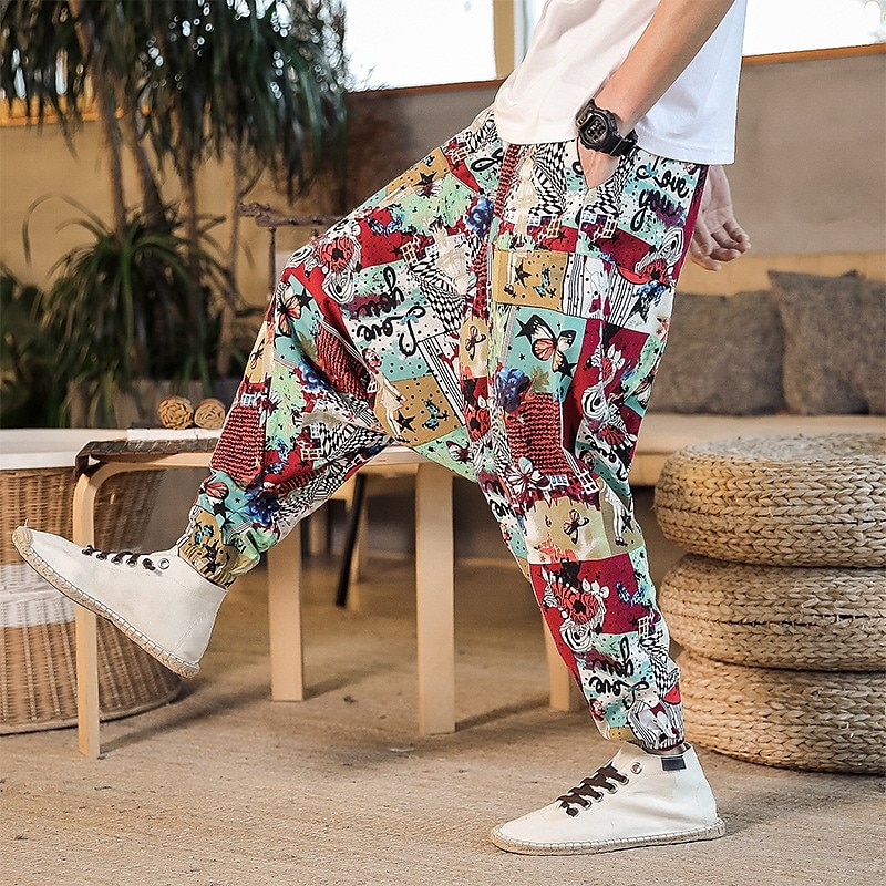 Herr Harem Joggingbyxor Långbyxor Sommarbyxor Opressade byxor Elastisk midja Släpp grenen Fjäril Abstrakt Blomma Andningsfunktion Mjuk Fullängd Ledigt Dagligen Bomull och linne Etnisk Stil Kineseri 2025 - $30.99 –P8