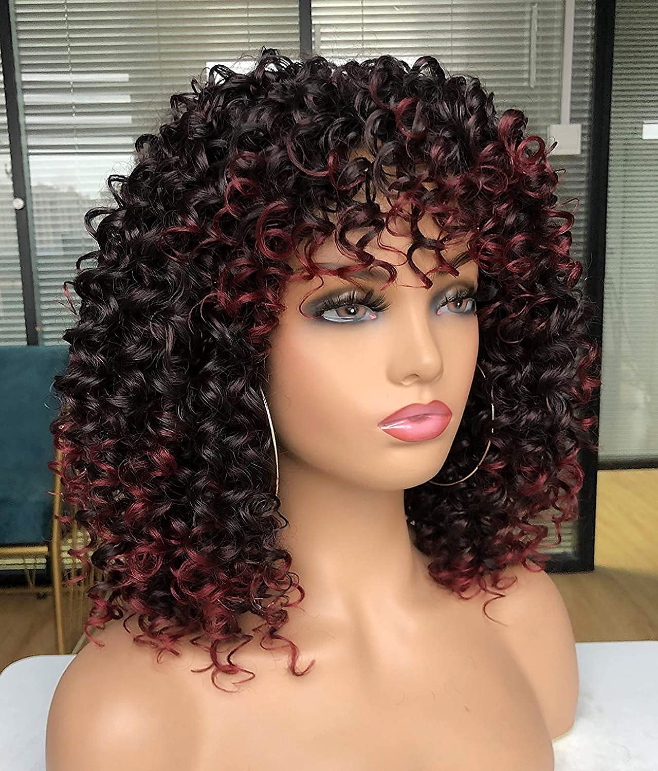 perucas pretas para mulheres mais bonitas perucas afro encaracoladas pretas com mechas castanhas quentes peruca com franja para mulheres negras naturais que procuram o dia a dia de 2025 por $28.99 –P3