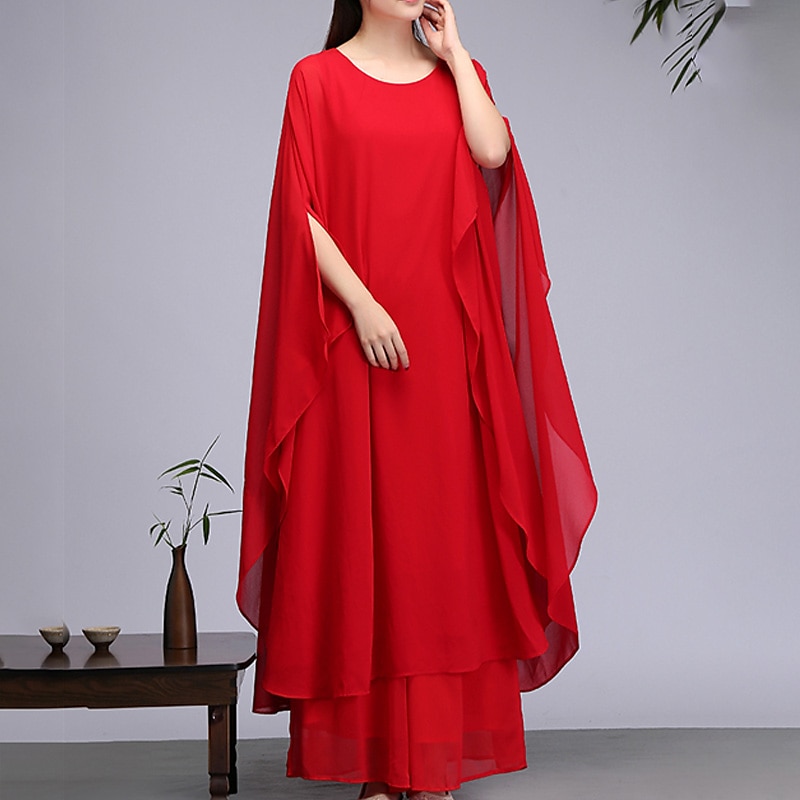 Women's A Line Dress Midi Dress White Red 3/4 Length Sleeve Pure 