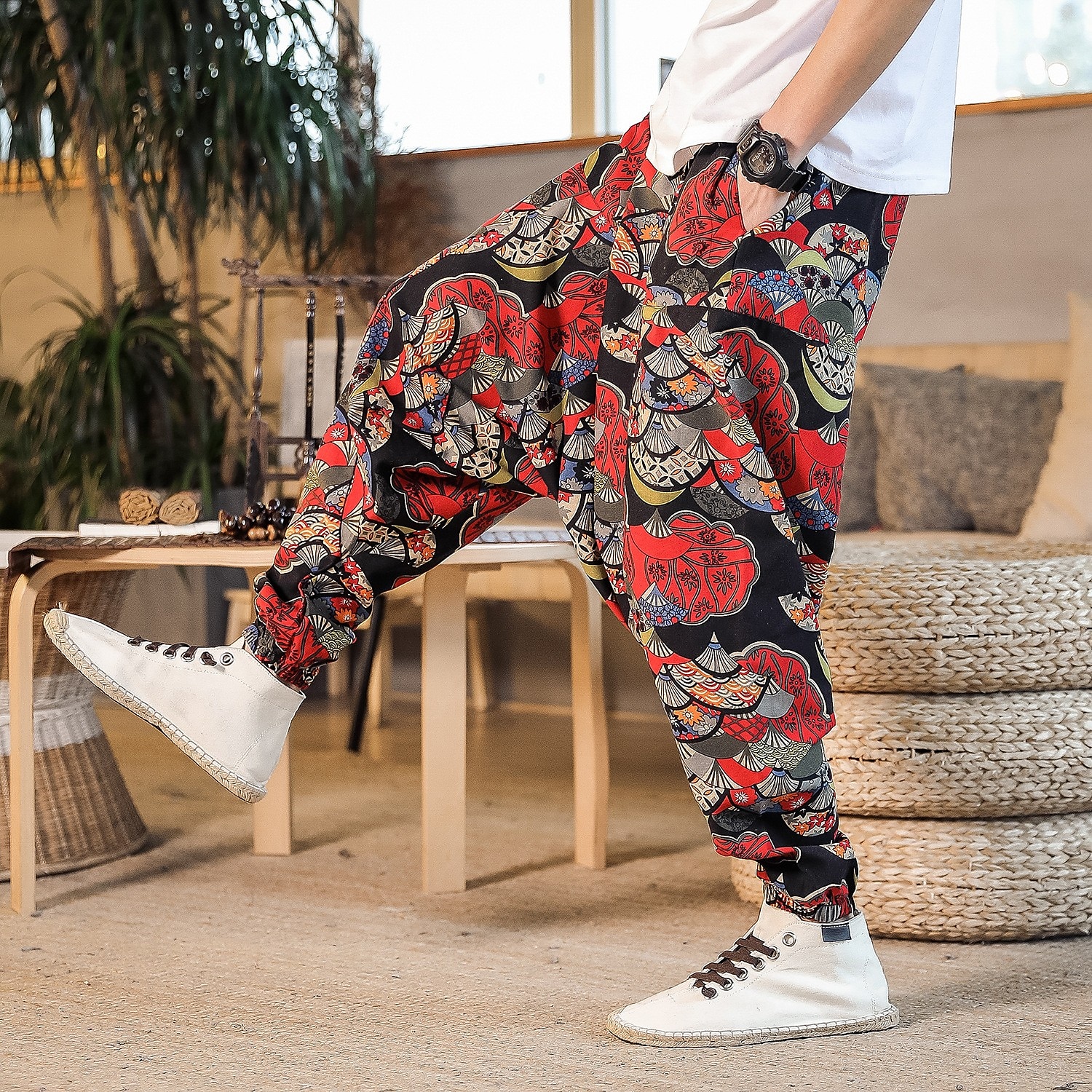 Herr Harem Joggingbyxor Långbyxor Sommarbyxor Opressade byxor Elastisk midja Släpp grenen Fjäril Abstrakt Blomma Andningsfunktion Mjuk Fullängd Ledigt Dagligen Bomull och linne Etnisk Stil Kineseri 2025 - $30.99 –P5