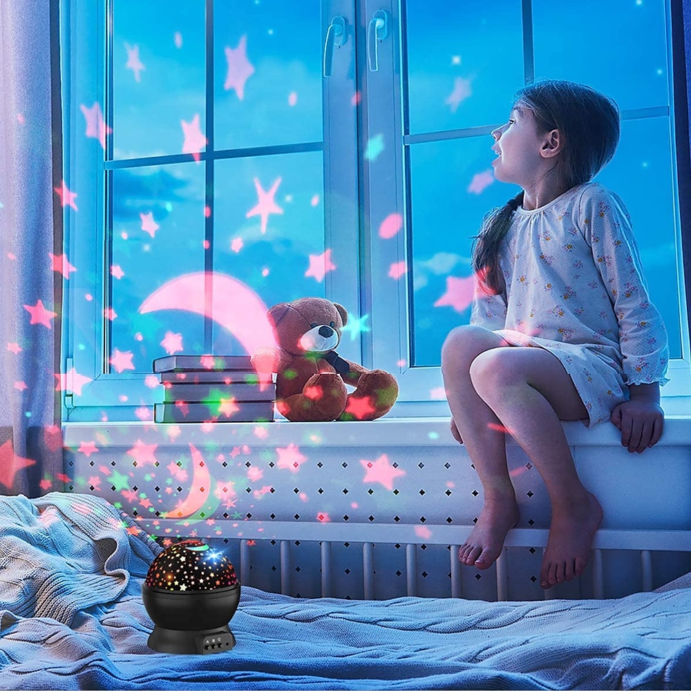 Projetor de céu estrela lâmpada de luz noturna 360 graus lâmpada de mesa giratória 4 luzes led 8 cores mudam com cabo usb para crianças quarto de bebê e decoração de festa de 2025 por $18.99 –P1