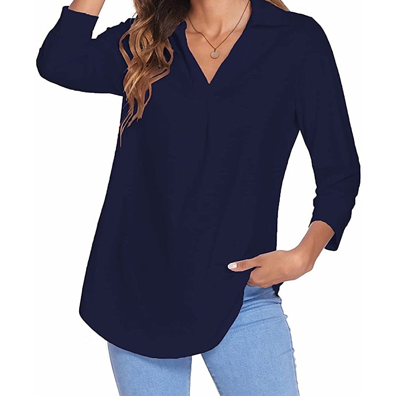 damesblouse t-shirt basic effen dagelijks v-hals normaal lente&amp;  herfst groen blauw wit zwart donker rood 2025 - $26.99 –P12