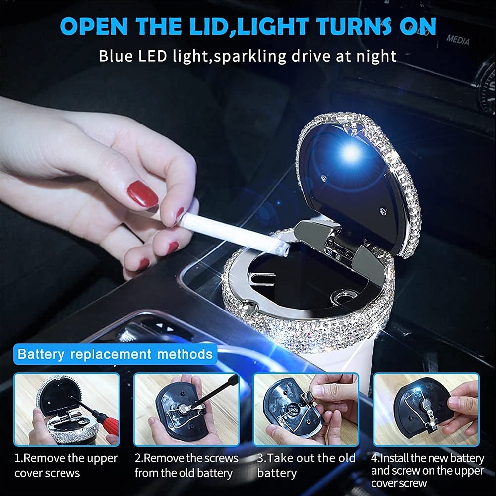 Car Ashtray Portable Bling Cigarette Smokeless Cylinder Cup Holder with Blue LED Light Indicator Car Accessories for Women Ideal for Car Home and Office 1PCS 2025 - $17.99 –P8
