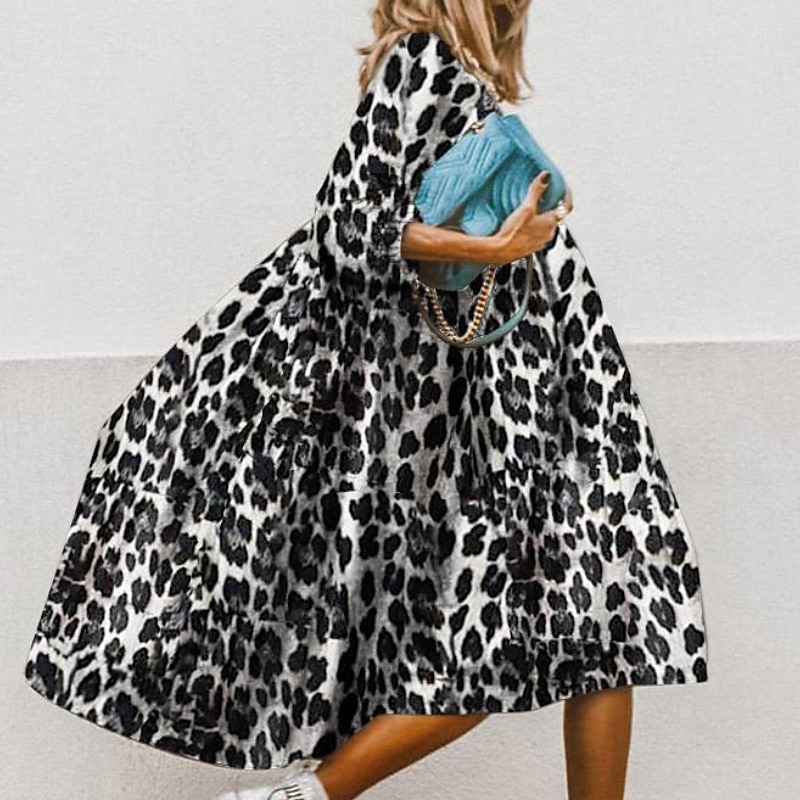 Naisten Midimekko Rento mekko Kukka mekko Tyylikäs Vapaa-aika ulko- Loma Pyhäpäivä Loose Fit Kukka Leopardi Puhdas väri Puolihiha Tiukka pyöreä kaula-aukko Musta Purppura Fuksia Apila Kevät Syksy 2025 - $33.99 –P8