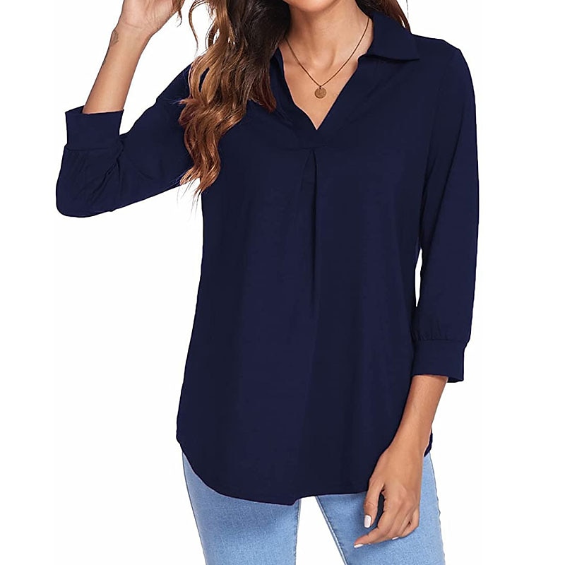 damesblouse t-shirt basic effen dagelijks v-hals normaal lente&amp;  herfst groen blauw wit zwart donker rood 2025 - $26.99 –P13