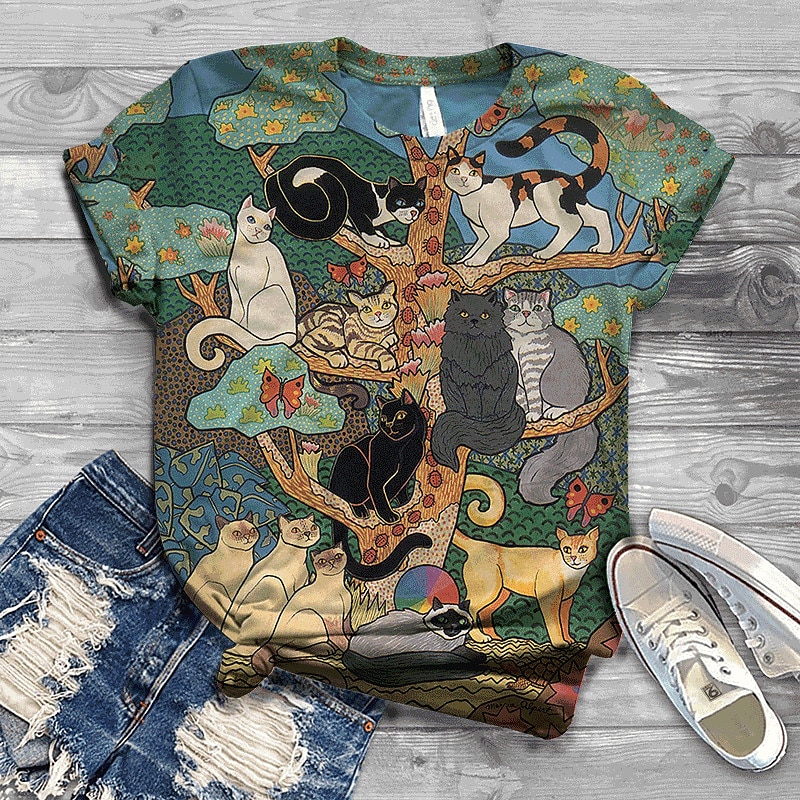 tricou de damă îmbrăcăminte de stradă cu imprimeu de pisici cu mânecă scurtă topuri obișnuite cu gâtul obișnuit ieșiri în weekend albastru bleumarin albastru portocaliu verde albastru păun vară 2025 - $19.99 –P1